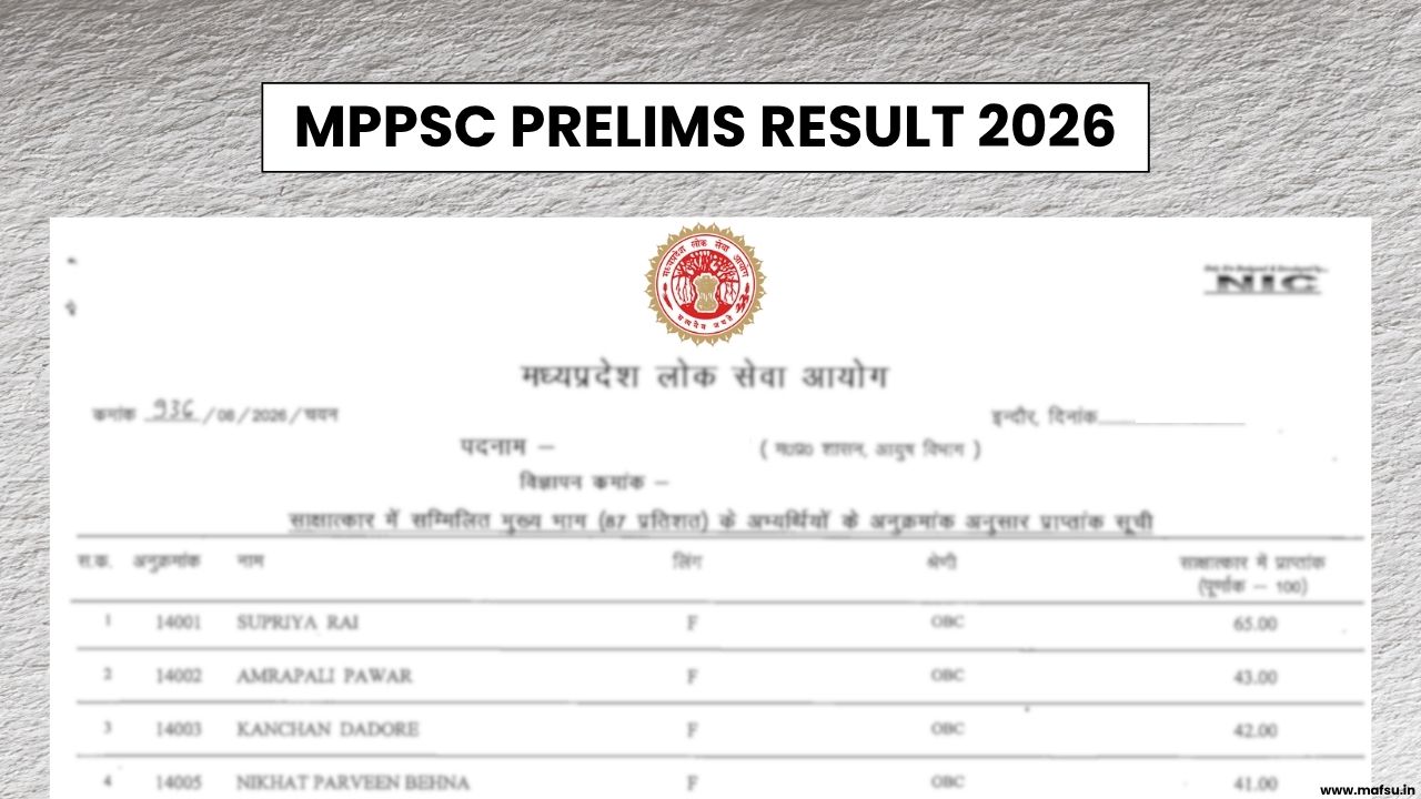 MPPSC Prelims Result 2026 for SSE and SFSE, Merit List With Cut-off Marks Release Soon 
